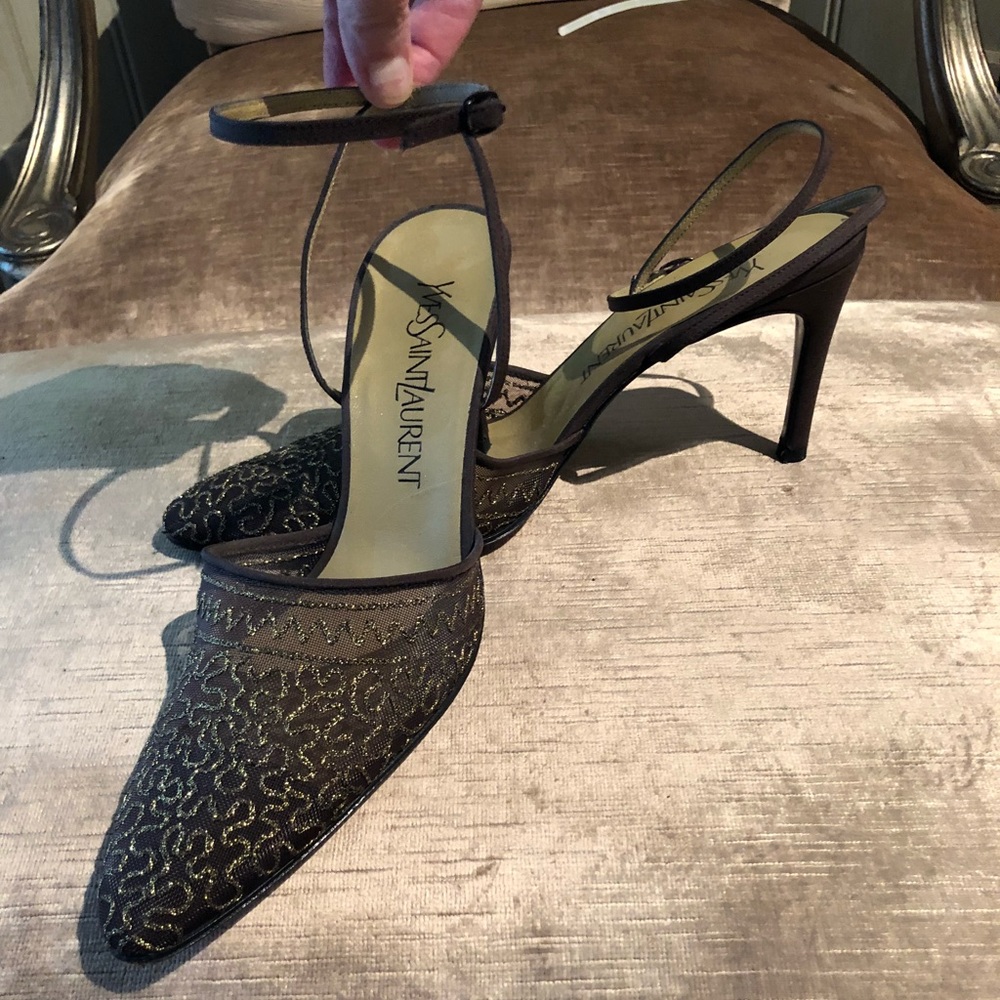 Yves Saint Laurent silk mesh heel with ankle strap